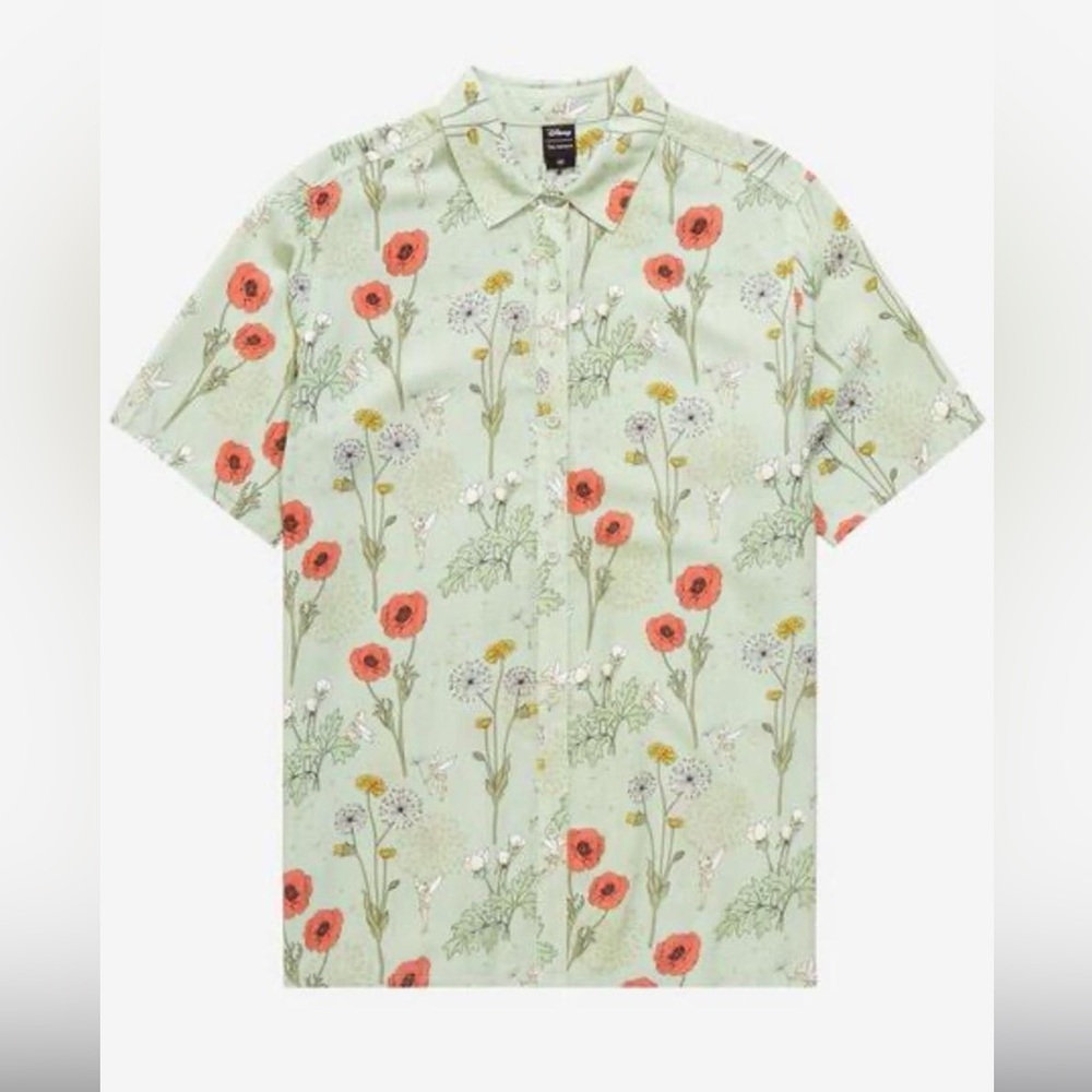 Disney Men's Short-Sleeve Button-Down Shirt in Mint with Coral Floral Print